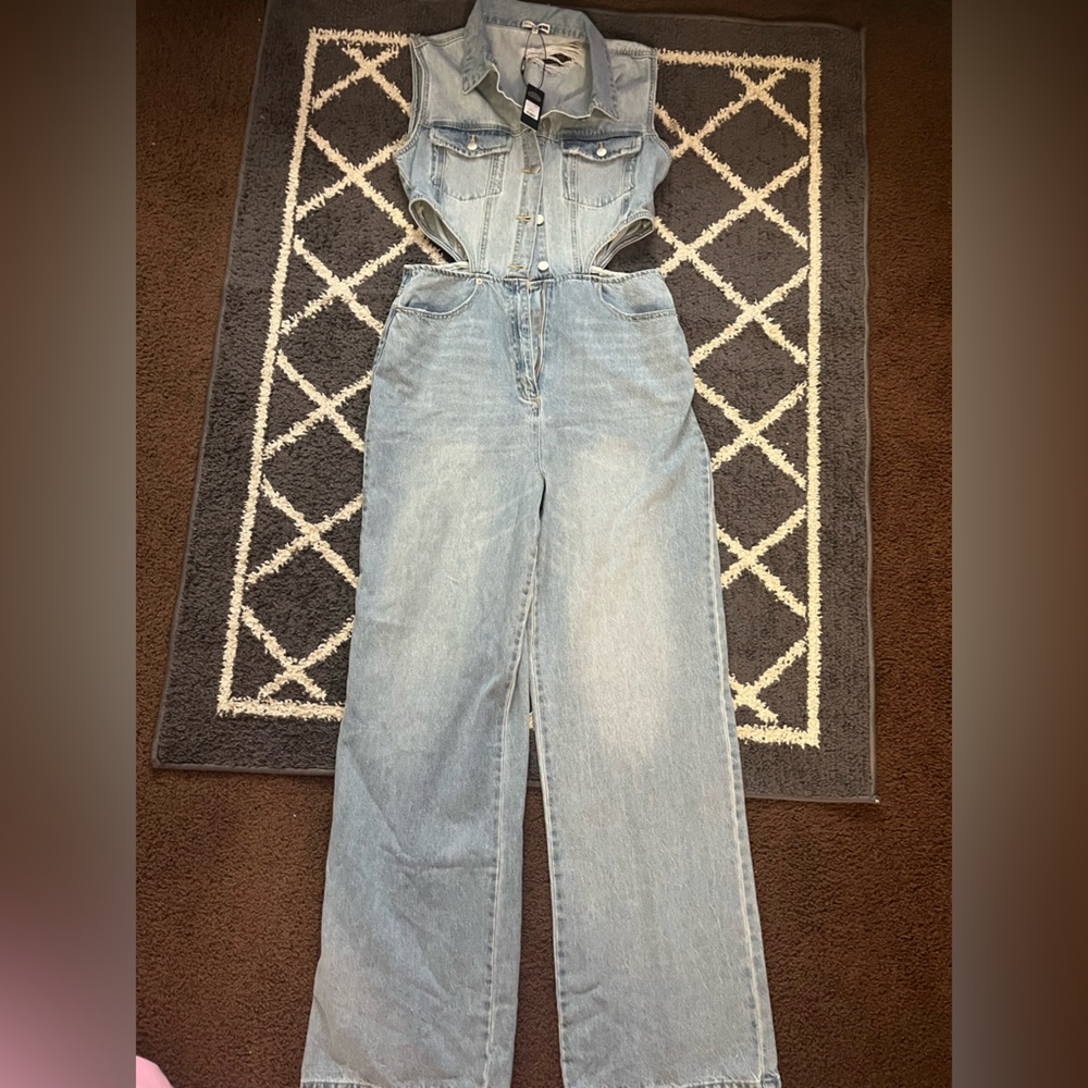 Fashion Nova Light Wash Cutout Denim Jumpsuit - Picture 4 of 10